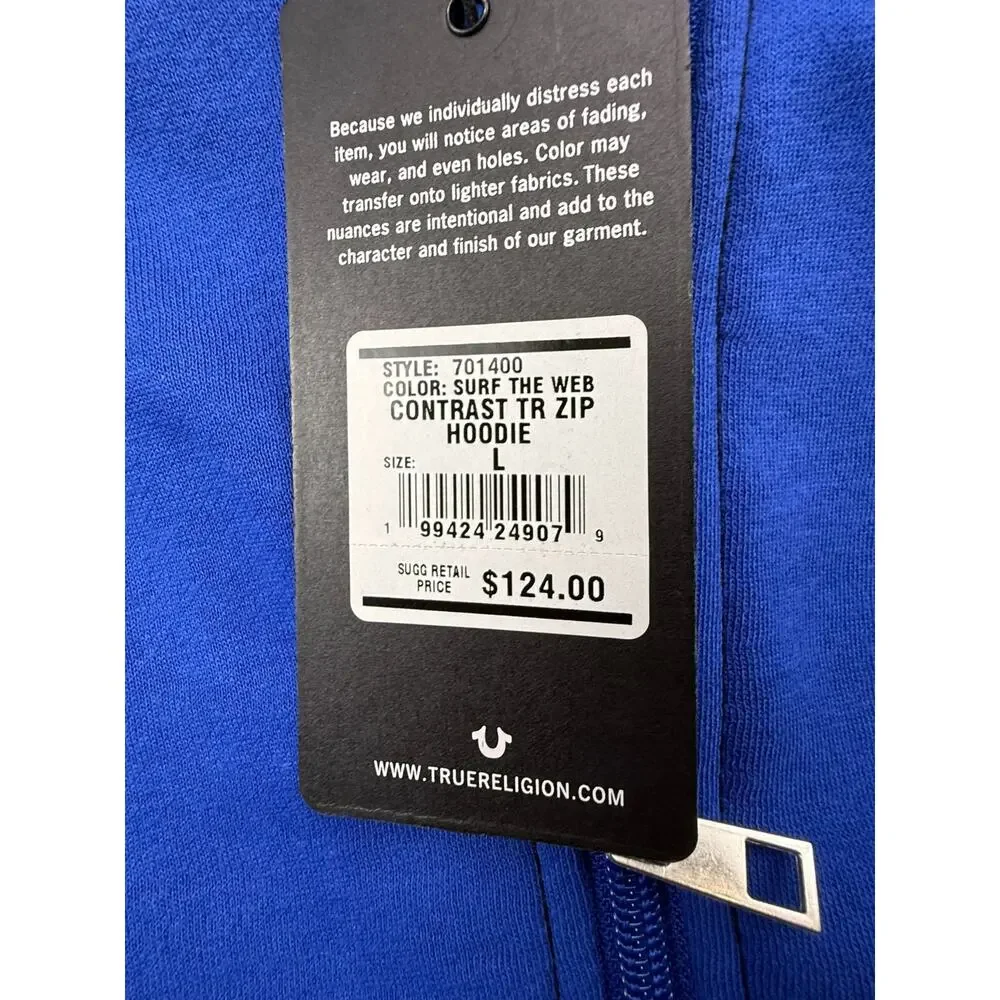 TRUE RELIGION MEN'S CONTRAST W/ BUDHA BACK DESIGN ZIP HOODIE BLUE SZ L NWT